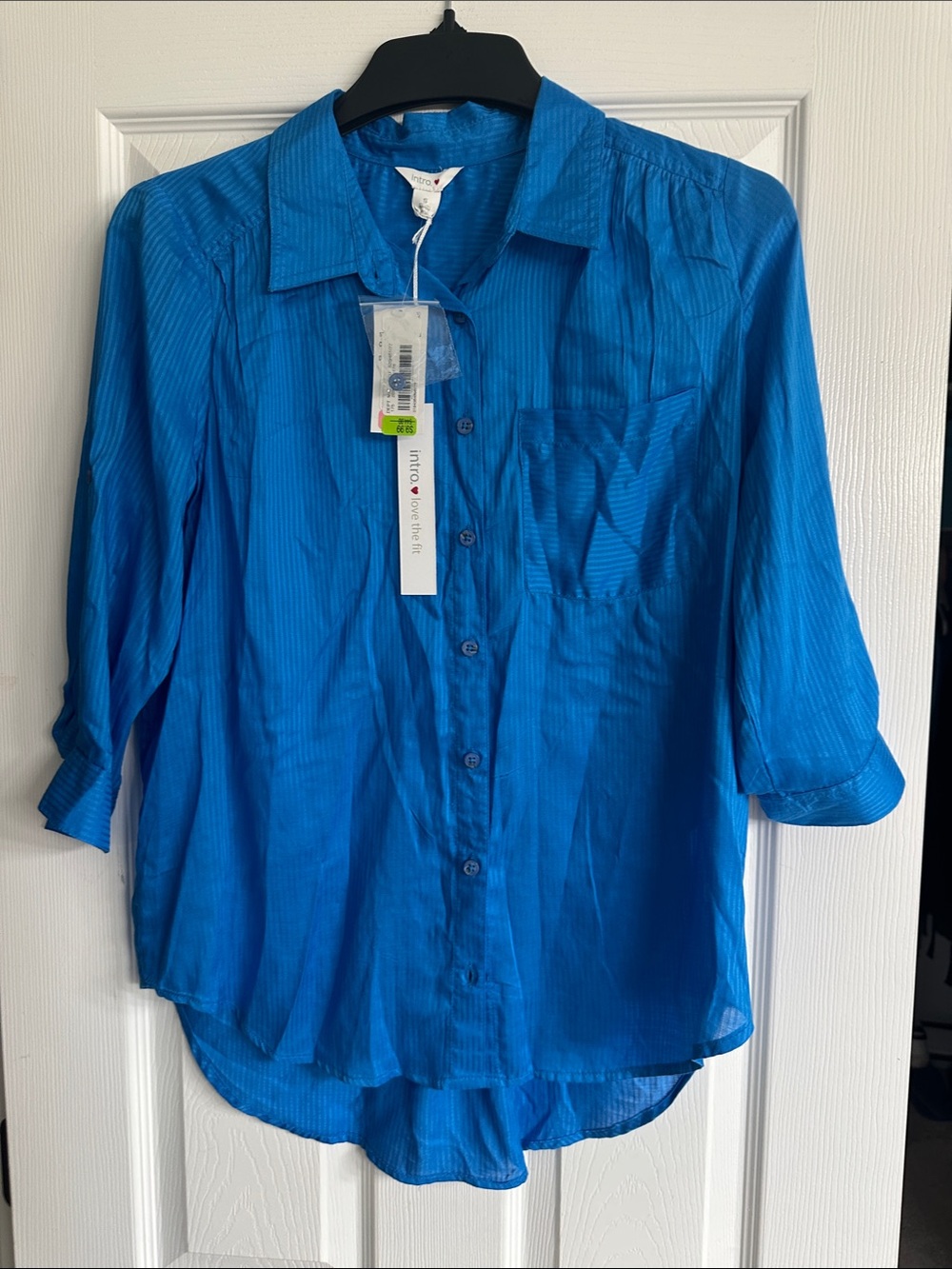 Intro Bright Blue Semi-Sheer Button Down Quarter Length Sleeve Shirt